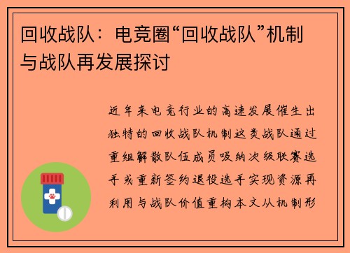 回收战队：电竞圈“回收战队”机制与战队再发展探讨