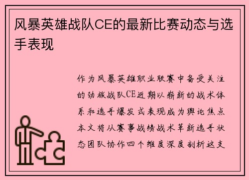 风暴英雄战队CE的最新比赛动态与选手表现