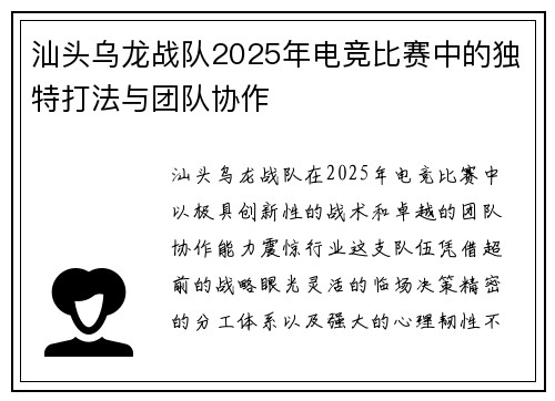 汕头乌龙战队2025年电竞比赛中的独特打法与团队协作